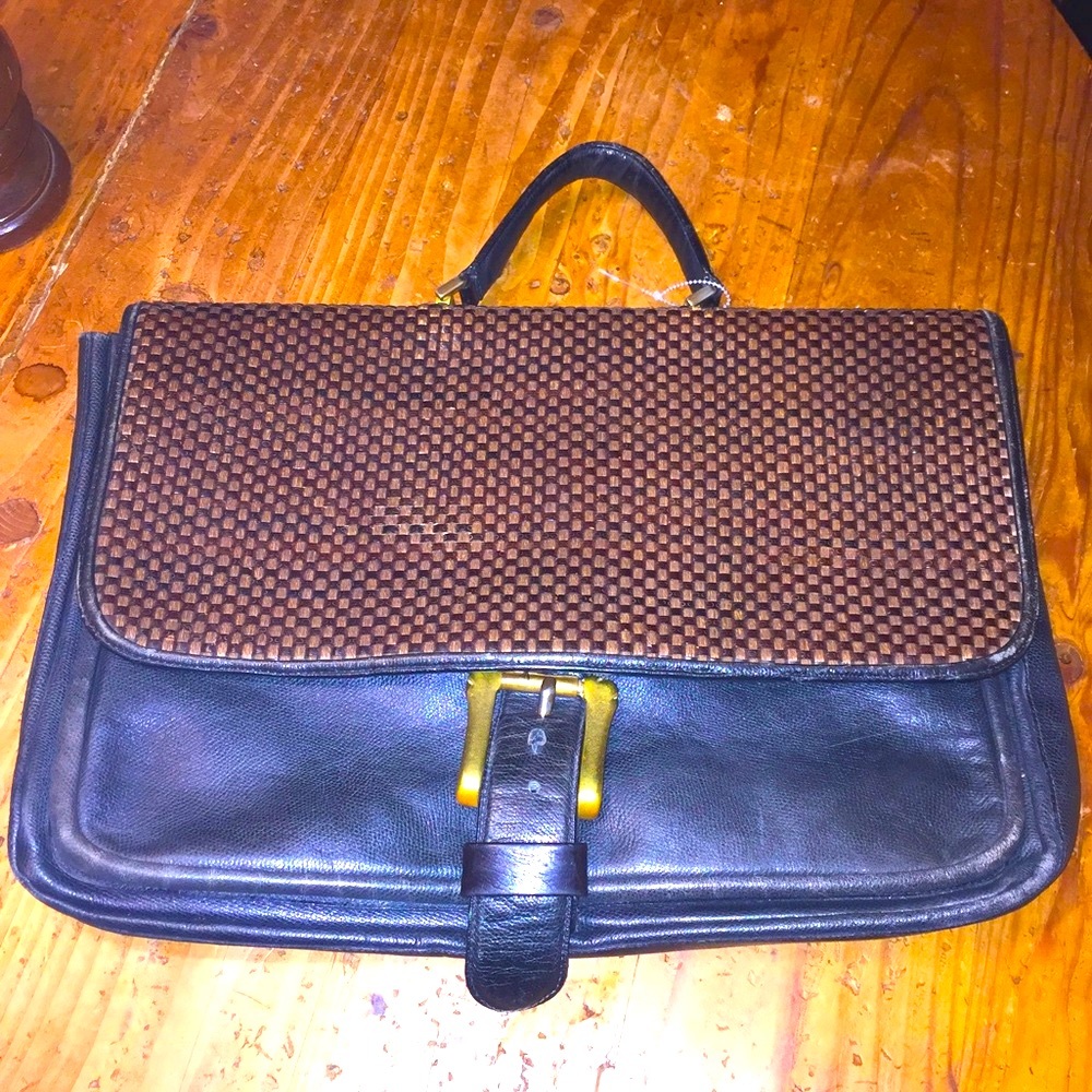 RARE Gorgeous XL black leather w/ woven front large briefcase flawless condition